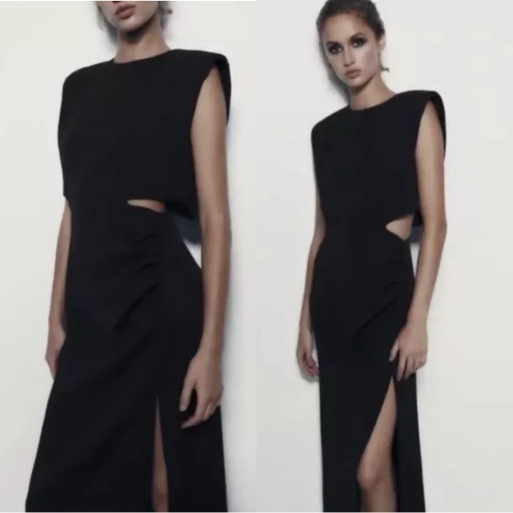 NWT ZARA Cut Out Side Slit SatinNavy Blue Maxi Dress XL
